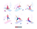 Yoga poses set. Yoga Lifestyle. Man and woman doing yoga. Activity. Fitness. Template for your design works. Vector graphics. Royalty Free Stock Photo